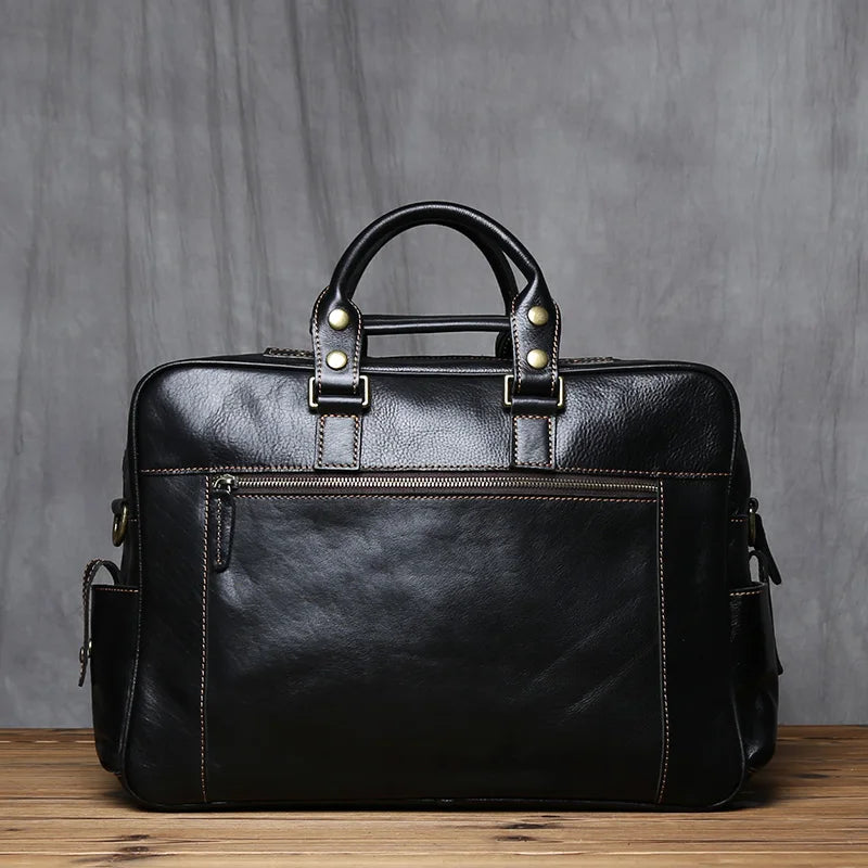 Black Leather Laptop Briefcase Large Capacity Travel Ready