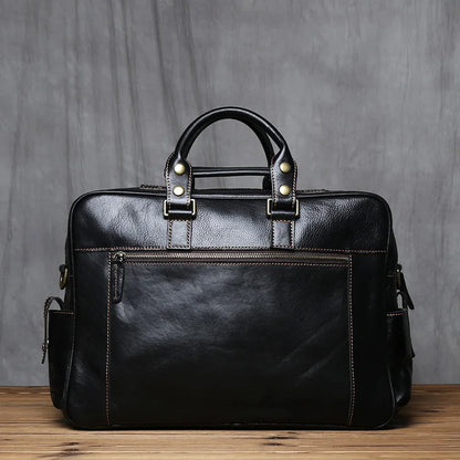 Black Leather Laptop Briefcase Large Capacity Travel Ready