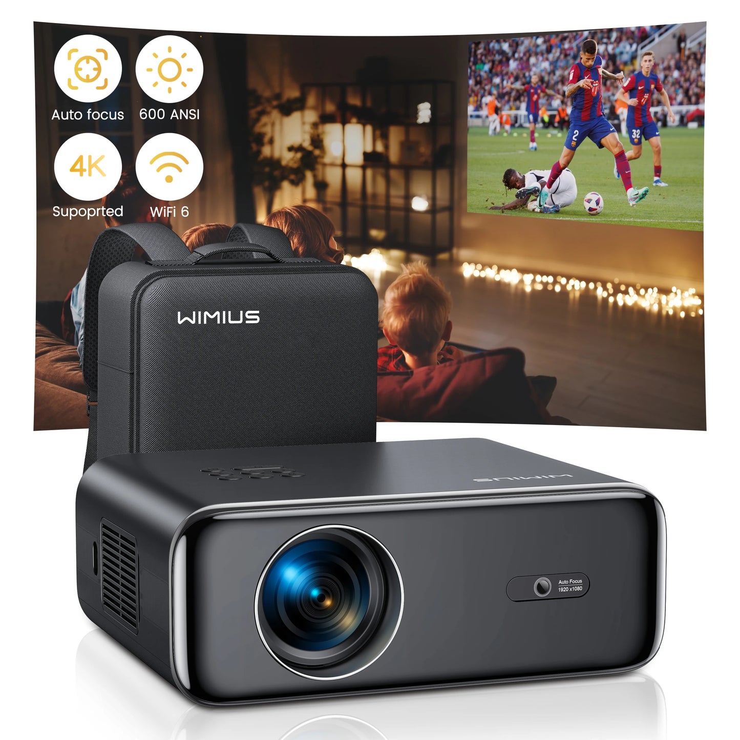 4K Support 1080p WiFi Bluetooth Projector with Auto Focus
