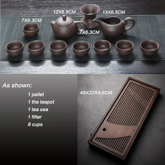 Dark Brown Ceramic Tea Set with Wooden Tray