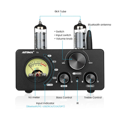 Bluetooth 5.0 Tube Amp with RCA USB and VU Display