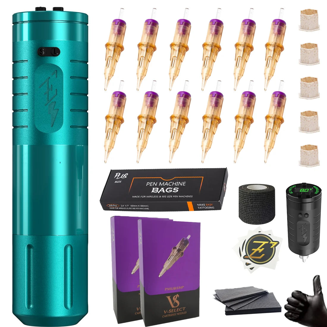 Portable Mint Blue Tattoo Pen with 40 Cartridges