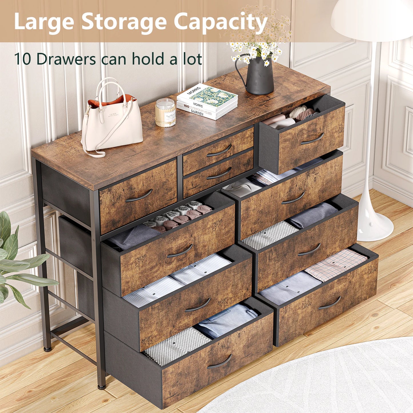 10 Drawer Fabric Dresser Storage Chest Brown