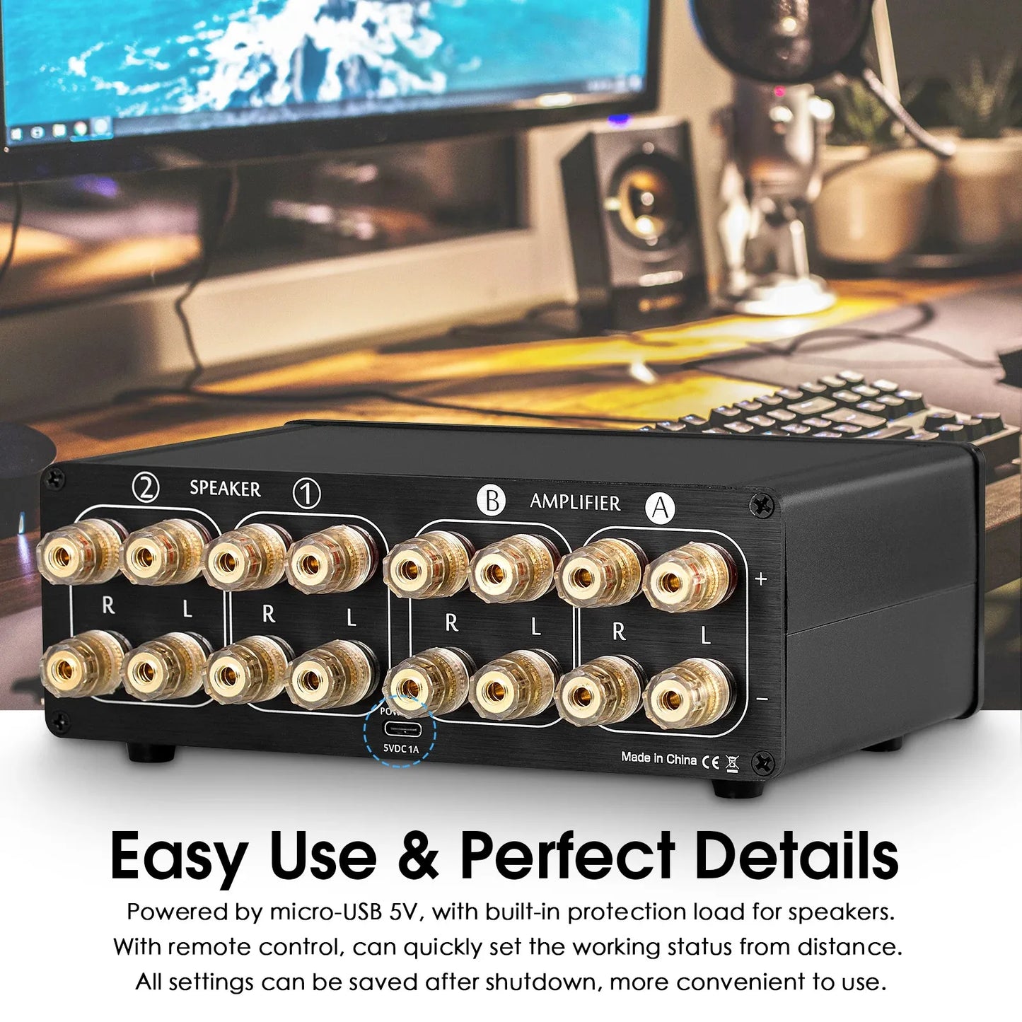 2 Way Audio Selector with VU Meter Display and Remote Control