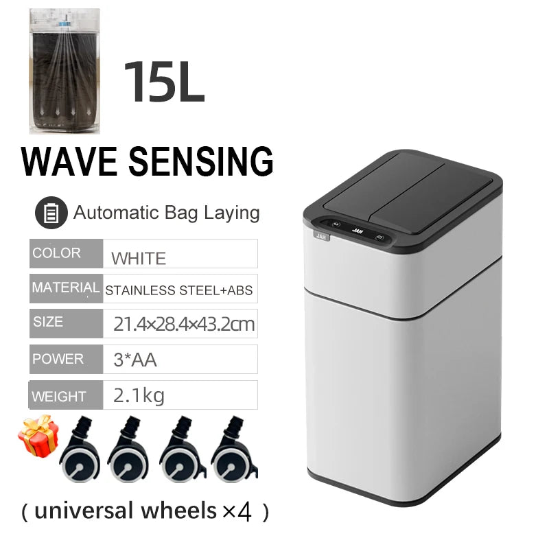 White 15L Smart Sensor Trash Can Automatic Bagging Waste Bin