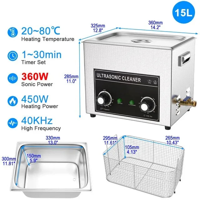 15L 360W Portable Ultrasonic Washing Unit for Deep Cleaning