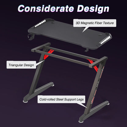 Z-Shaped Gaming Desk with RGB LED Lights 140cm