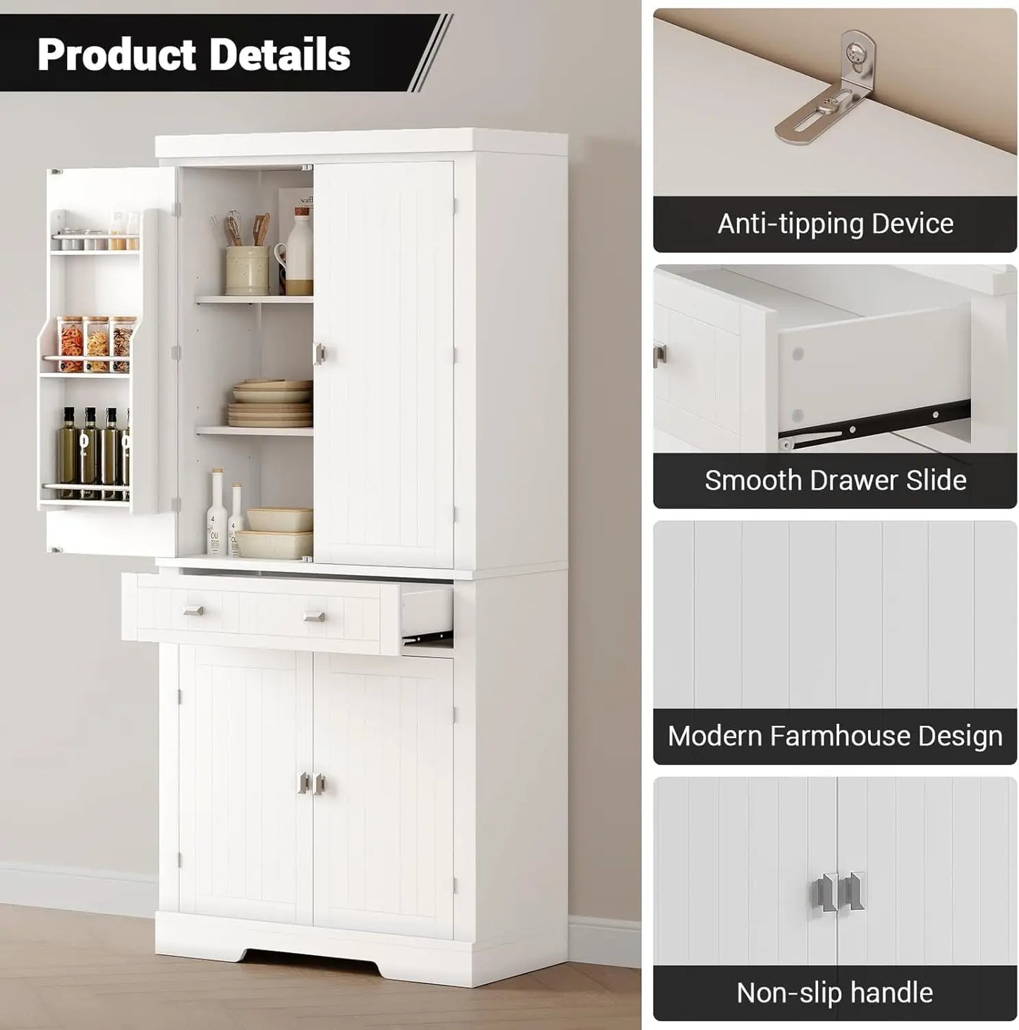 White 72" Kitchen Pantry Storage Cabinet 6 Shelves