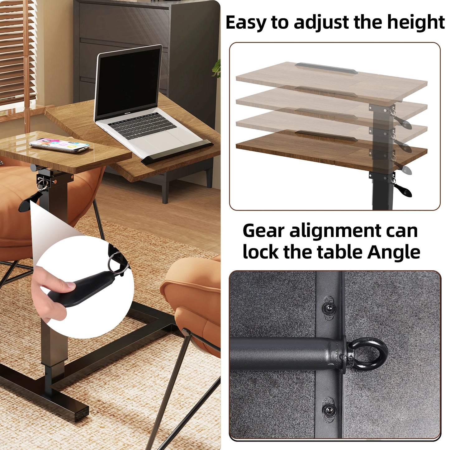 Height Adjustable Bedside Table with Lockable Hidden Casters