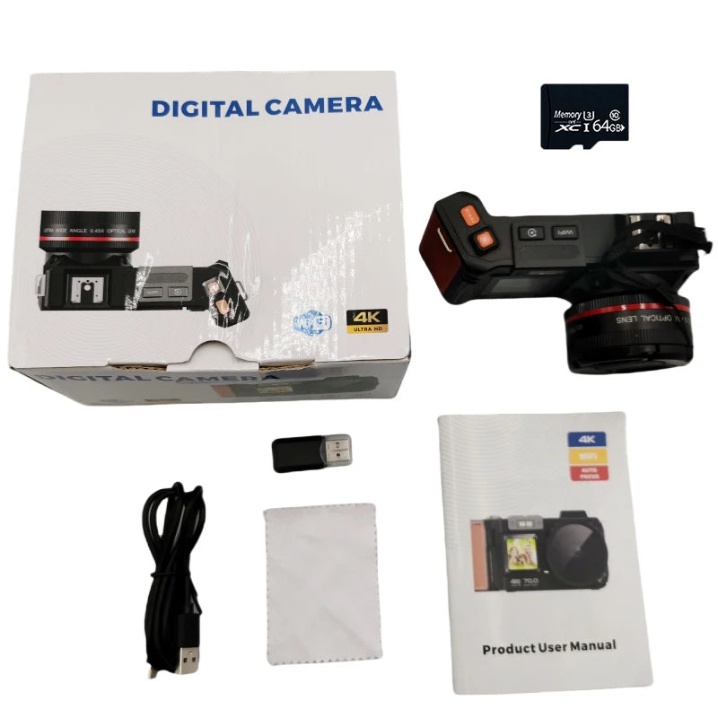 4K UHD SLR Style Camera 70MP Dual Screen 64GB Card
