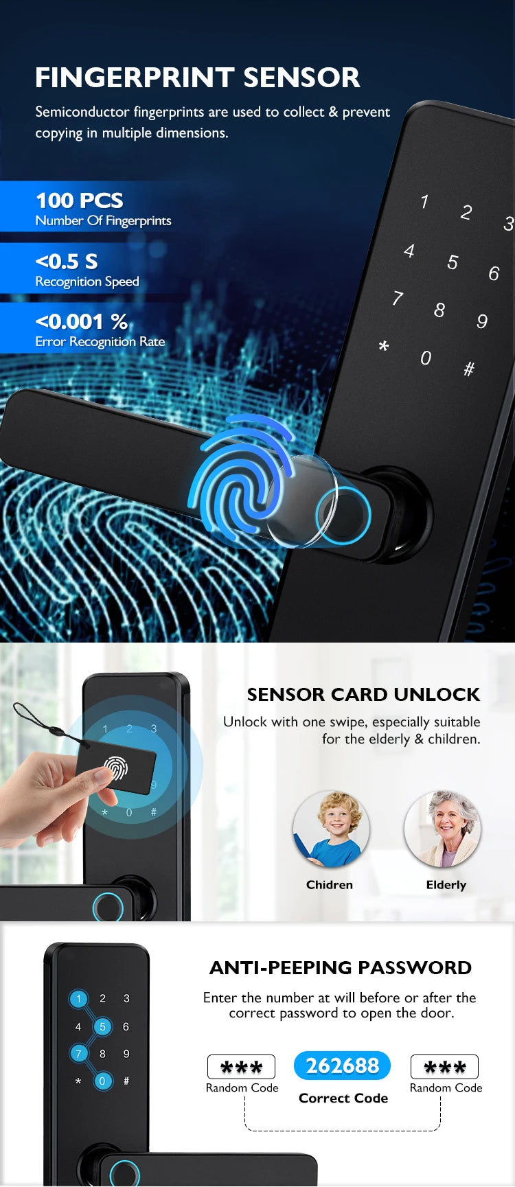 Digital Smart Door Lock Fingerprint Touchscreen PIN Card