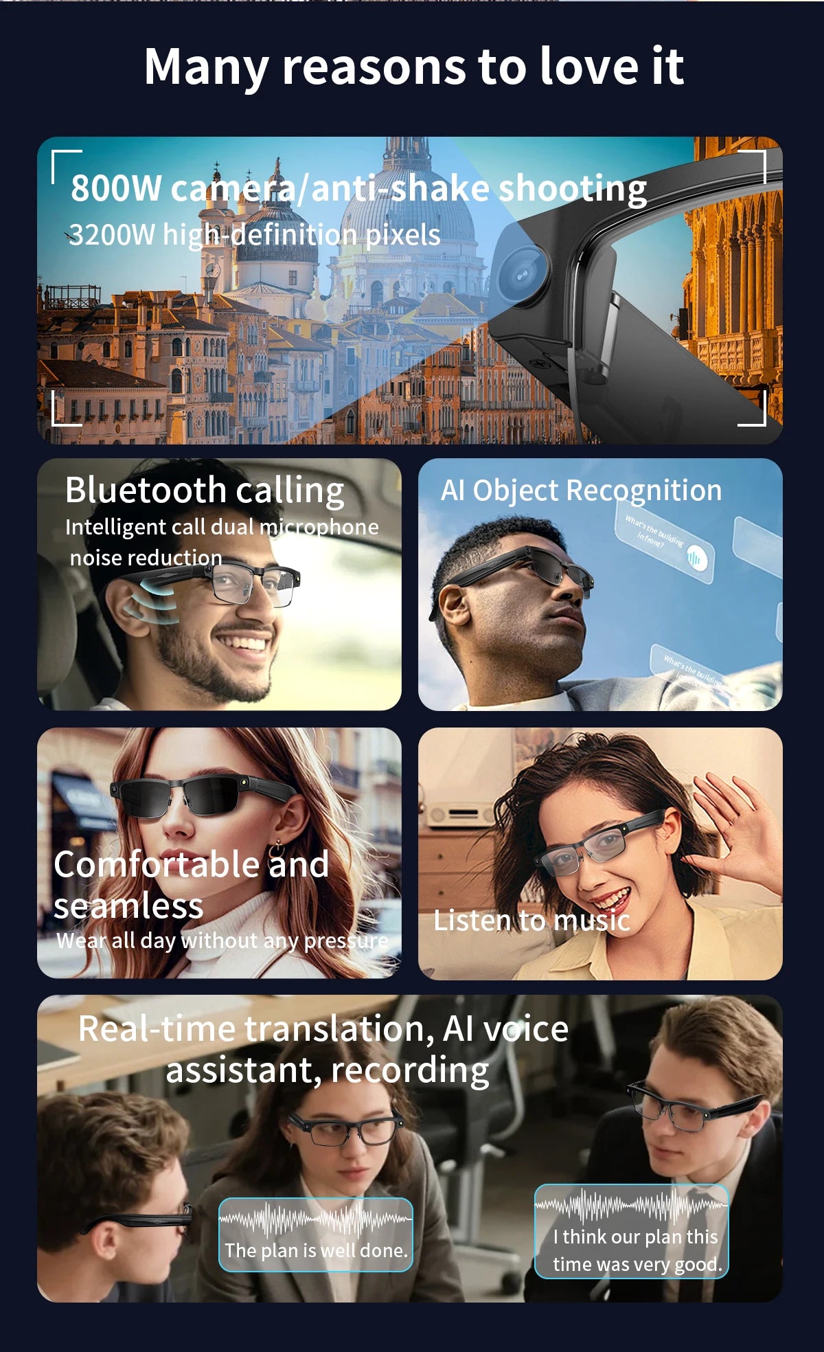 Anti Blue Light Smart Glasses with AI Camera