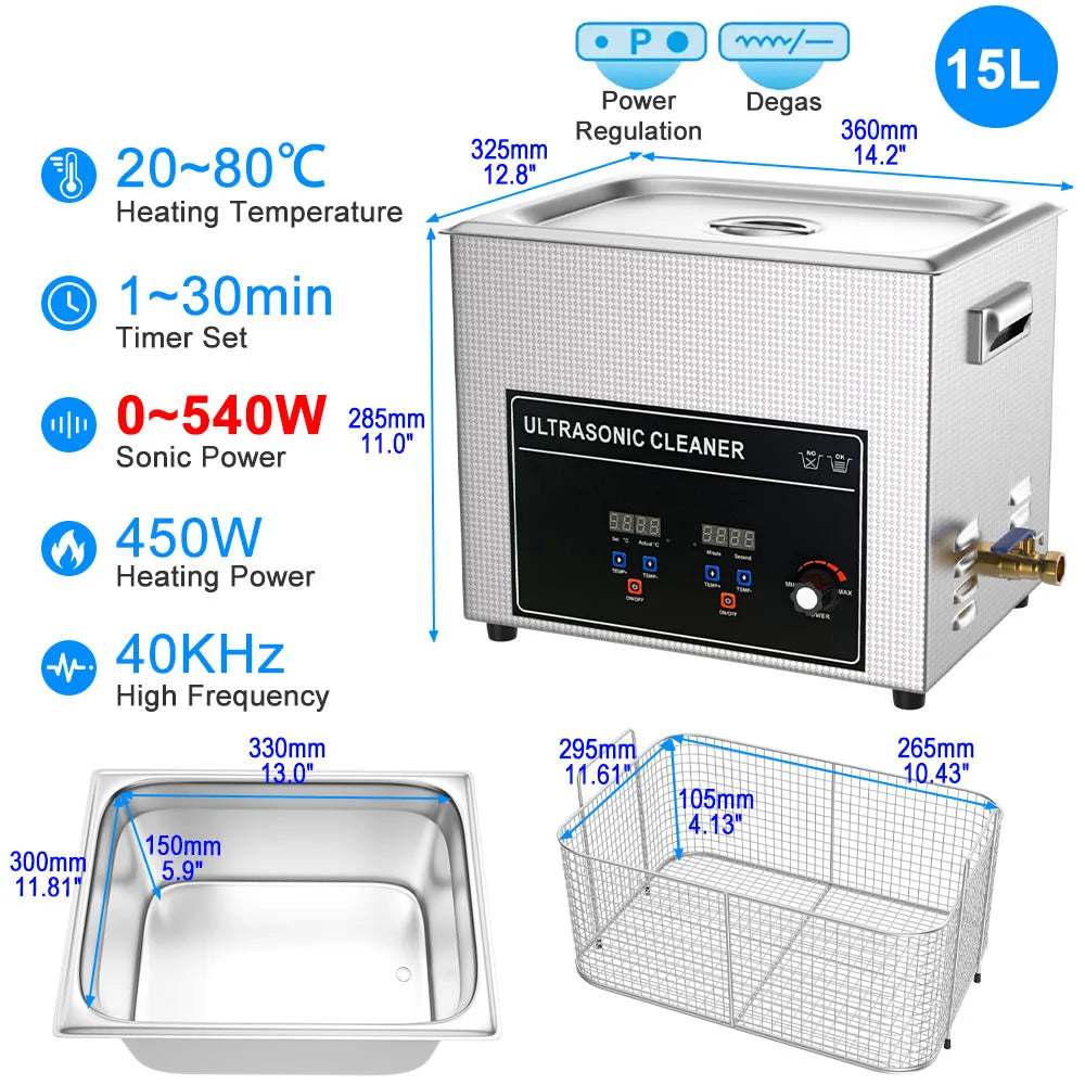 15L 540W Heavy Duty Ultrasonic Bath Cleaner