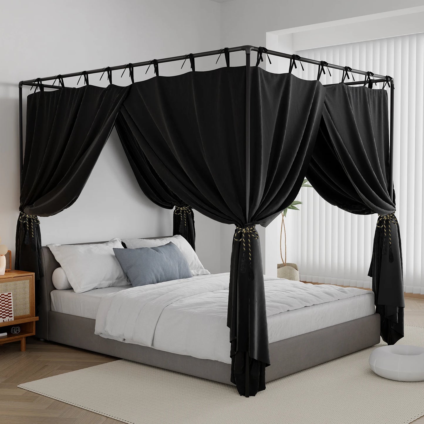 Blackout Canopy Bed Curtains with Top Ties Windproof Design