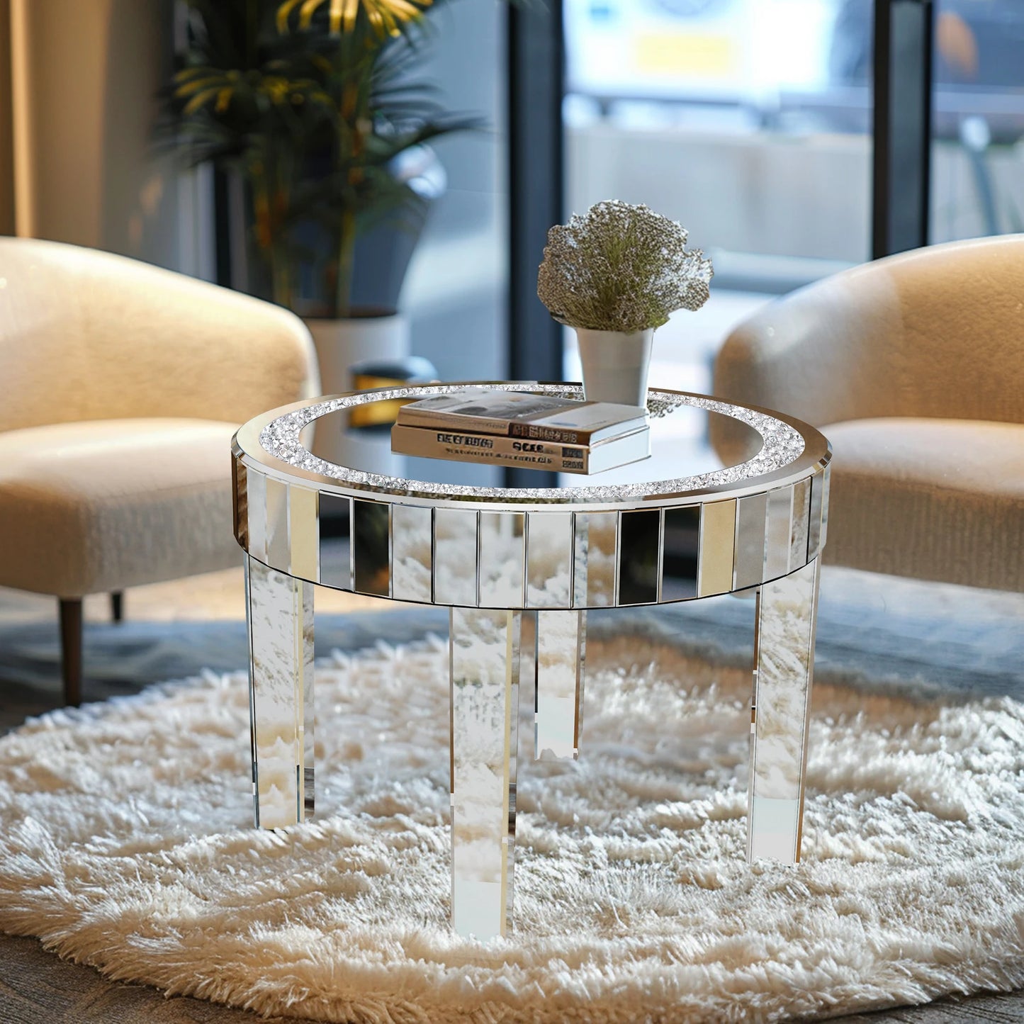 Round Mirrored Bedside Table Crystal Diamond Accent Side Table