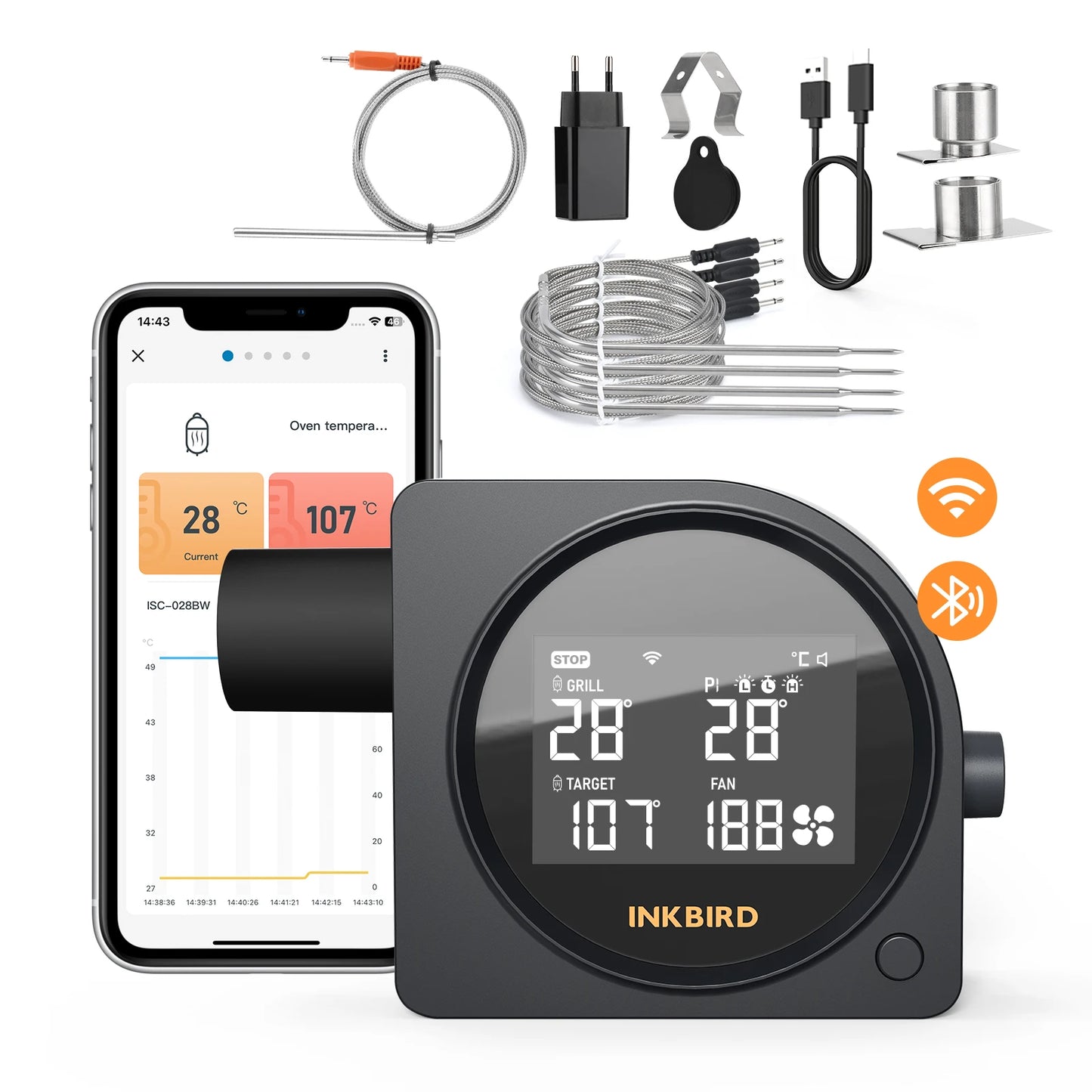 Smart WiFi Bluetooth Grill Temperature Controller with High-Low Alarms