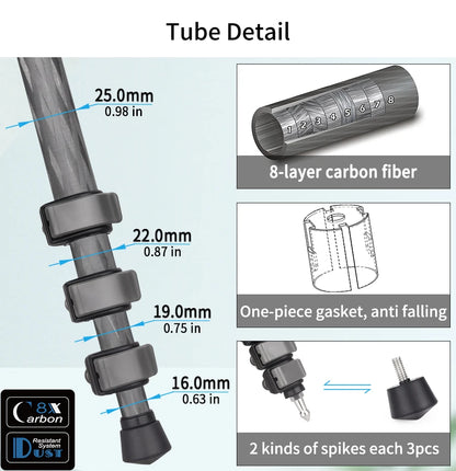 Compact Carbon Fiber Camera Tripod Heavy Duty 12kg