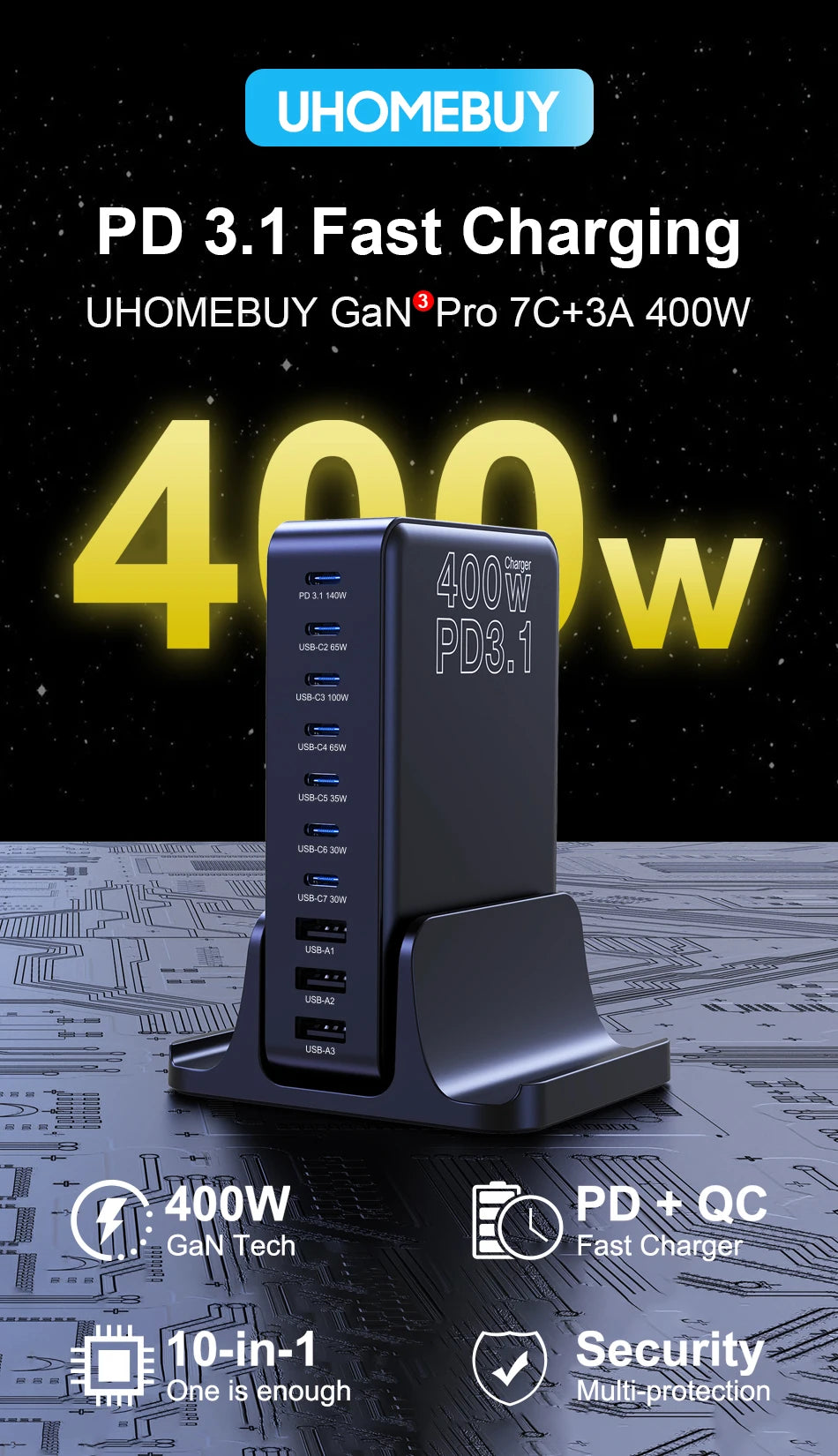 400W GaN USB-C Charging Station with 10 Ports