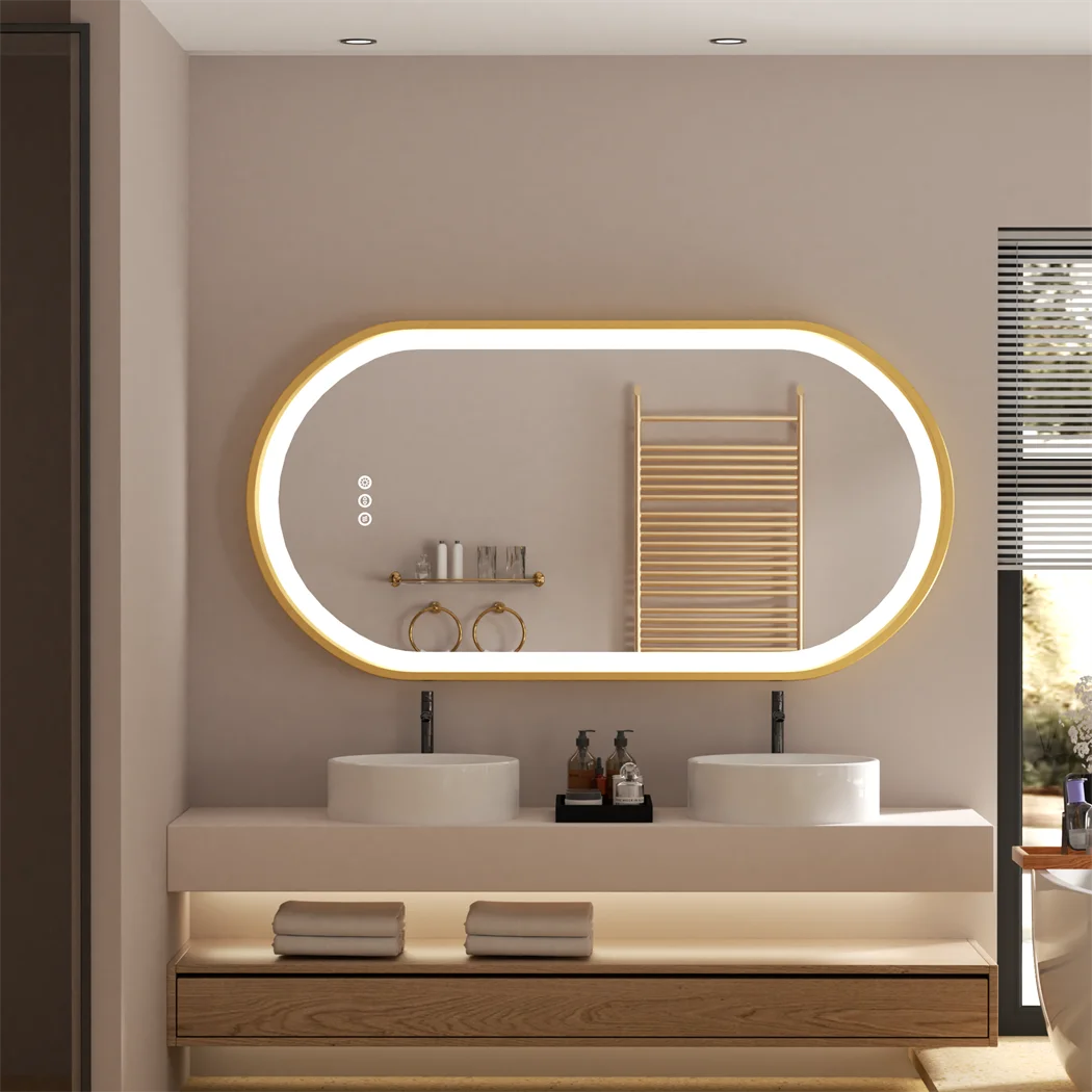 100x50cm Gold Frame Oval Mirror with LED & Demister