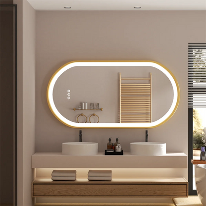 100x50cm Gold Frame Oval Mirror with LED & Demister
