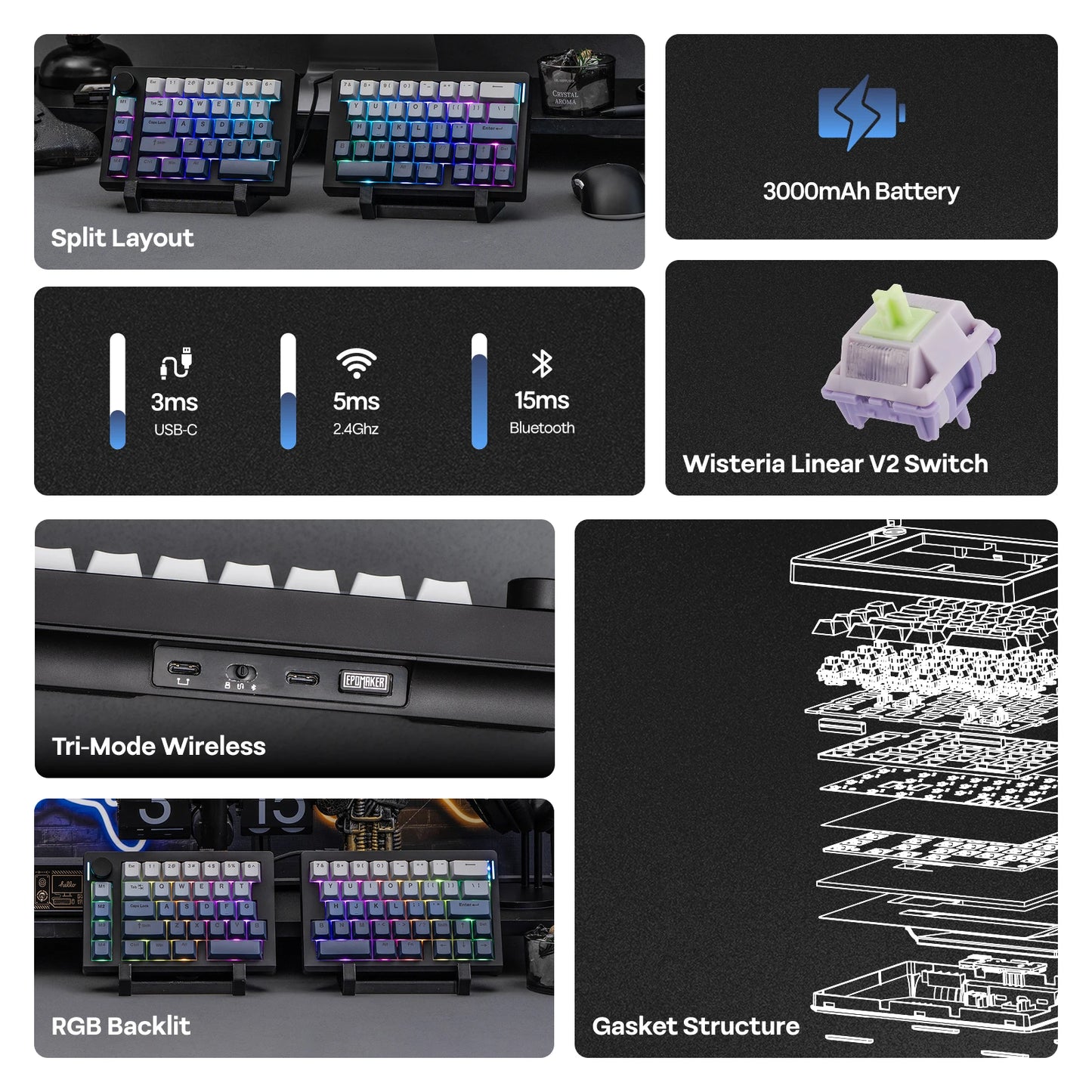 Split70 Wireless Split Mechanical Keyboard Black