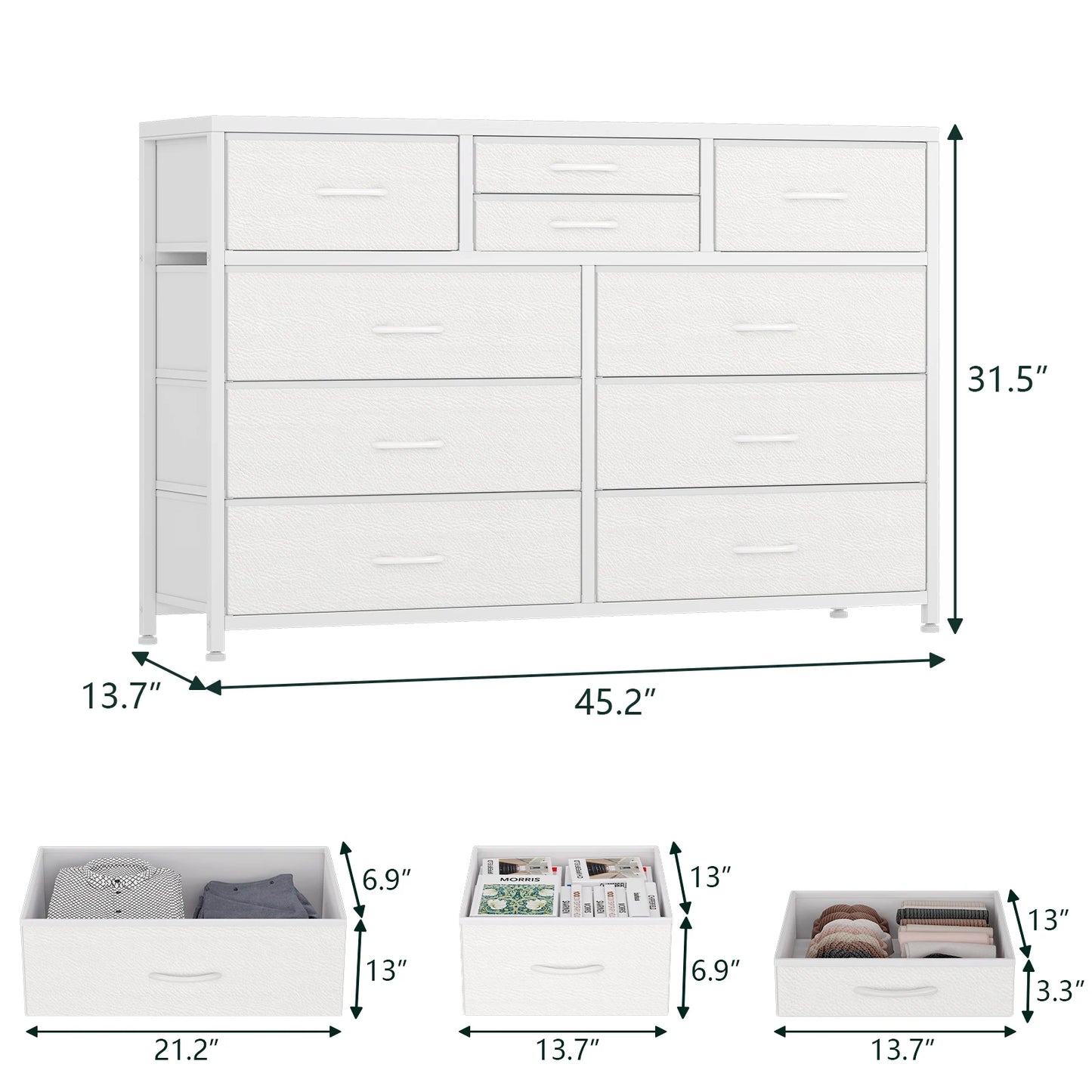 Lightweight 10 Drawer Fabric Dresser Organiser White