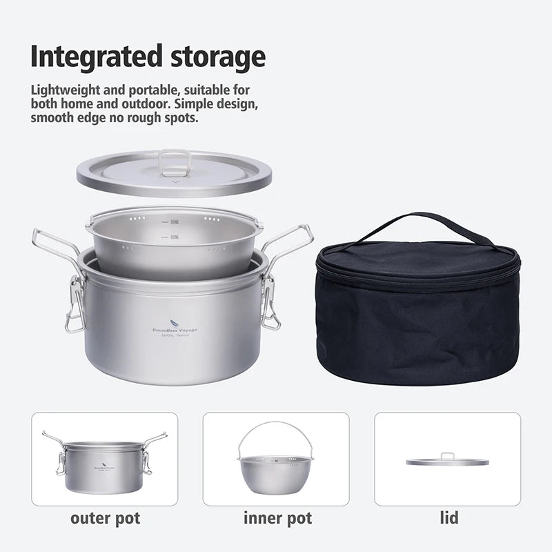 Portable Titanium Camping Pot 2L Rice Soup Cooker