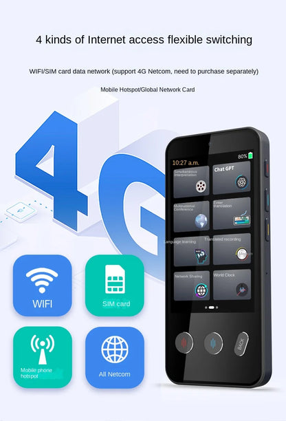Portable 4G Smart Voice Translator Device Real-Time Global Languages
