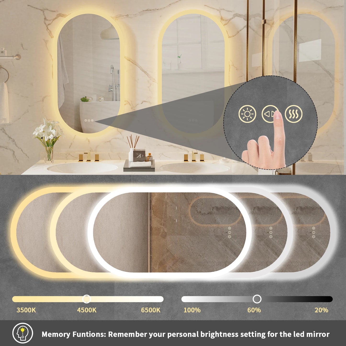 Frameless LED Wall Mirror 20x40in Vanity Mirror