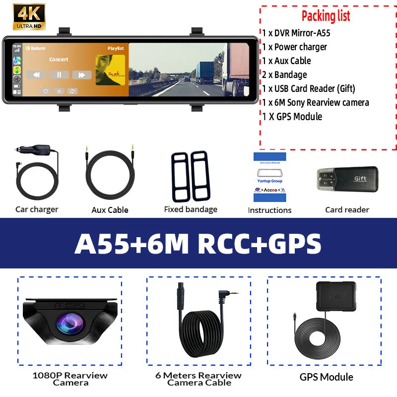 4K Smart Dash Cam Mirror GPS WiFi Rear View
