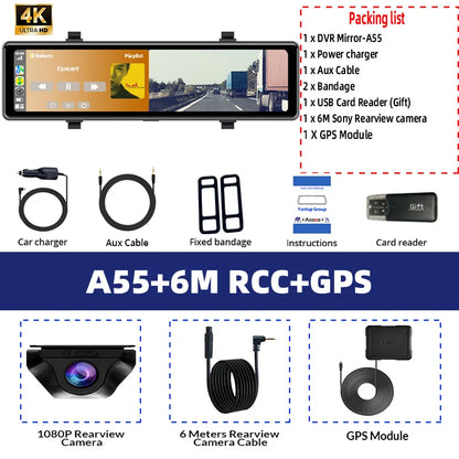 4K Smart Dash Cam Mirror GPS WiFi Rear View