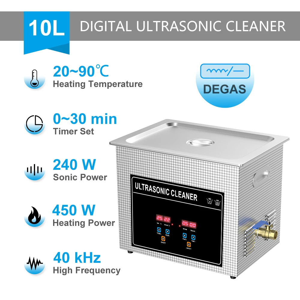 Compact 10L Ultrasonic Cleaning Bath with Basket