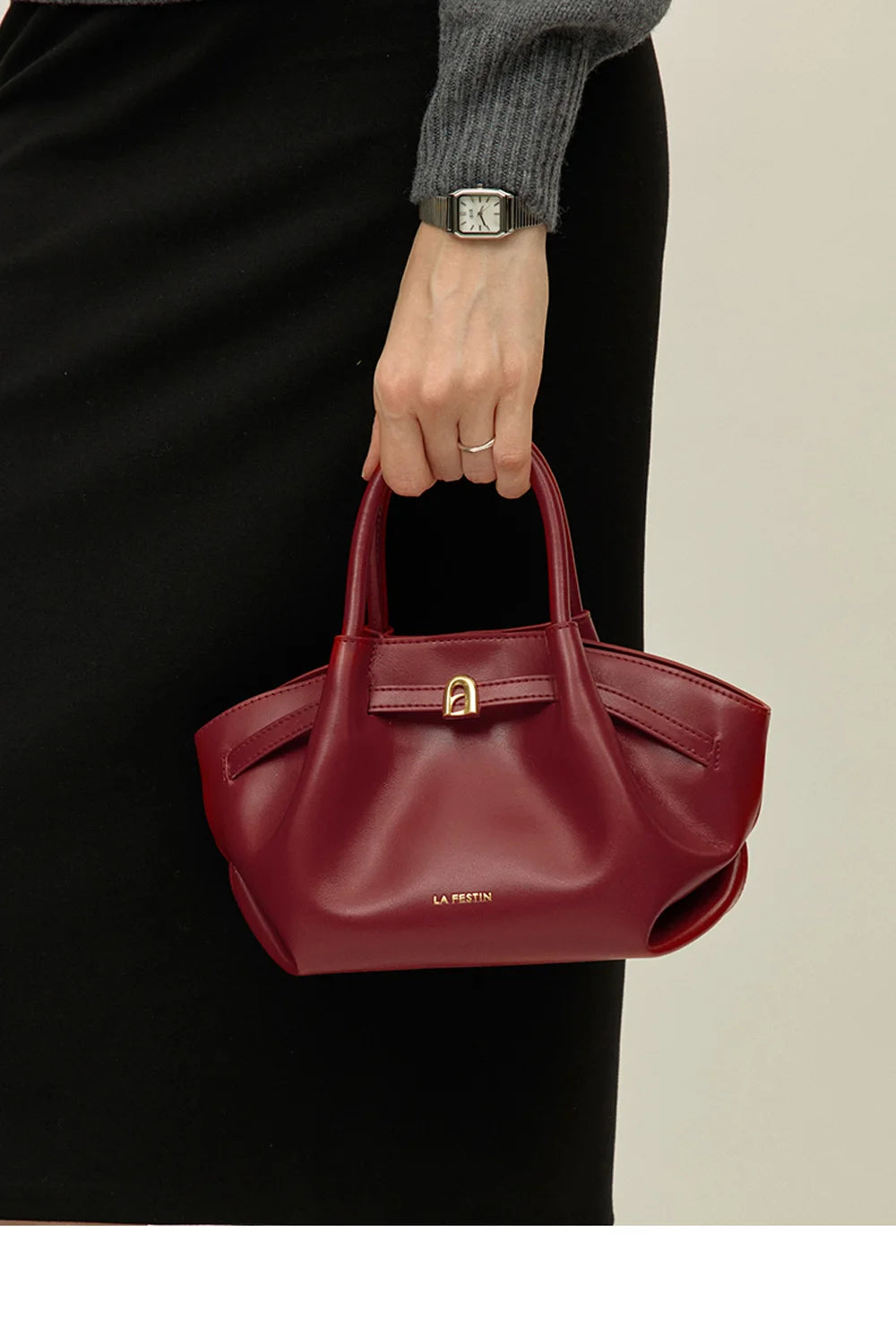 Burgundy Leather Bucket Shoulder Bag Small Crossbody Purse