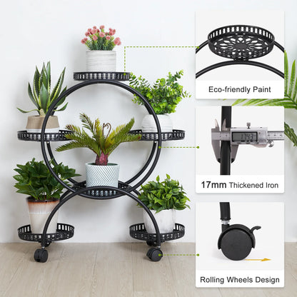 4-Tier Plant Stand with Wheels Holds Six Flower Pots