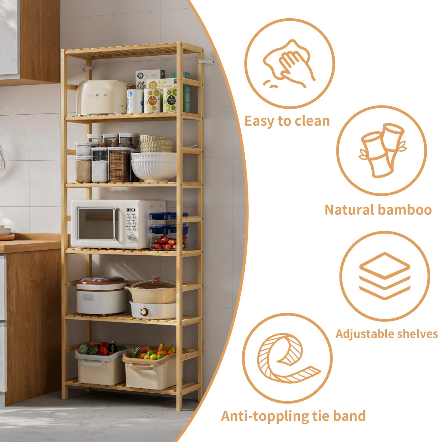 Slim Freestanding Bamboo Bookcase with Adjustable Shelves