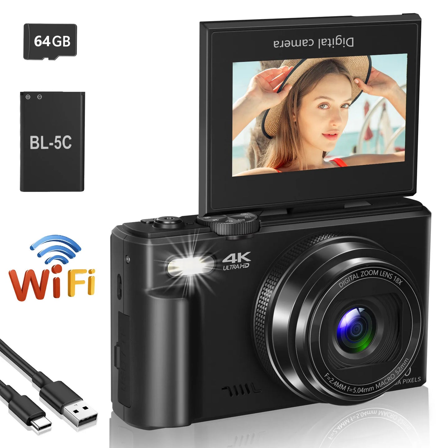 Black 4K Vlog Camera 180 Flip Screen 64GB