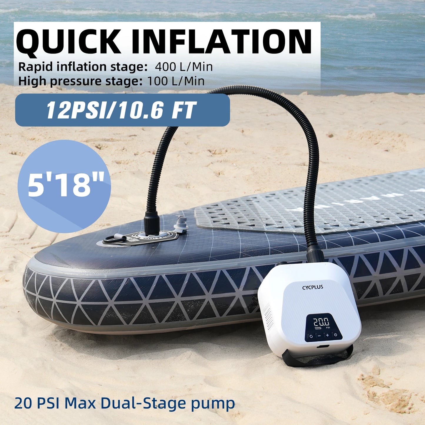 Portable Electric SUP Pump 20PSI Rechargeable Air Inflator 38Wh