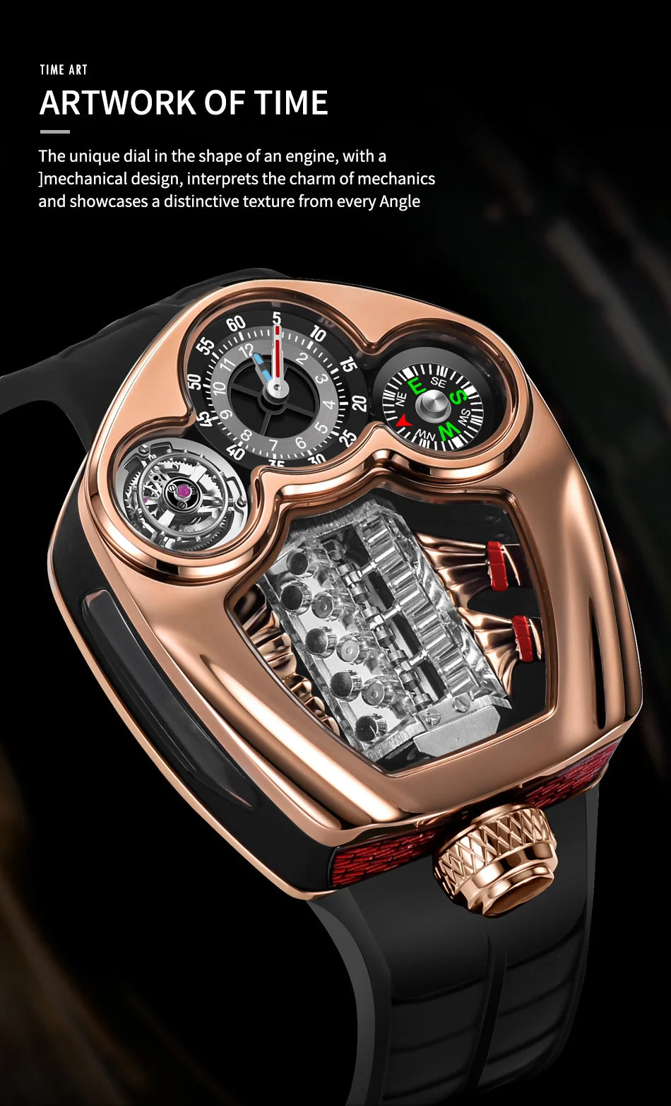 Golden Engine Series Quartz Watch Men Compass Waterproof