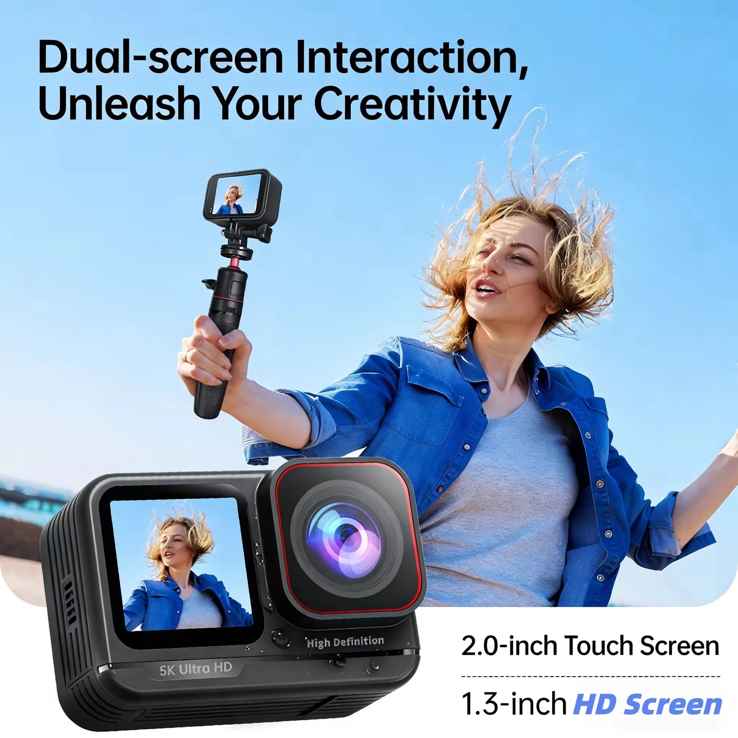 5K Dual Screen Action Camera 4K 60FPS 6-Axis Stabilization