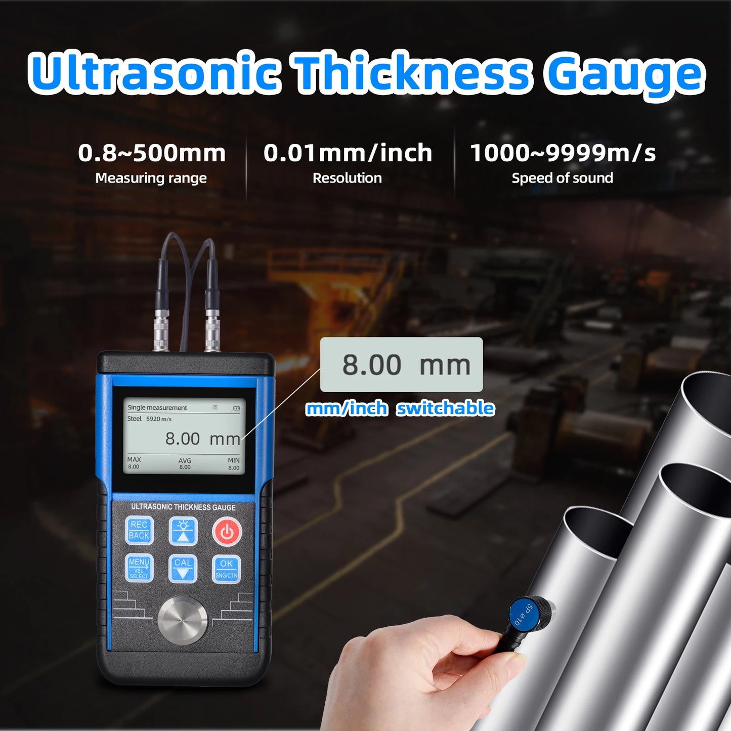 Digital Ultrasonic Thickness Gauge 1-350mm Metal Thickness Tester