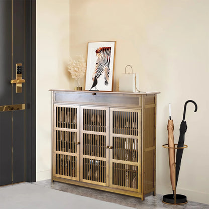 Slim Bamboo Shoe Rack Cabinet with Three Hollow Doors