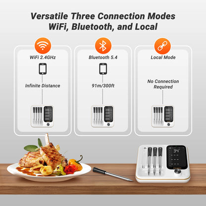 Smart WiFi Bluetooth BBQ Thermometer with 4 Wireless Probes