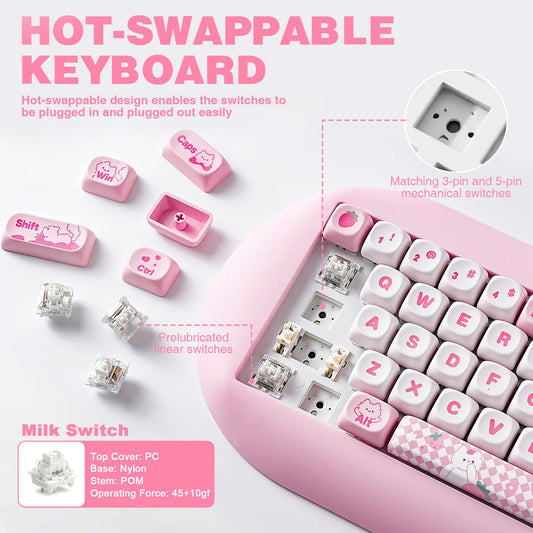 Cute Cat Wireless RGB Mechanical Gaming Keyboard Pink