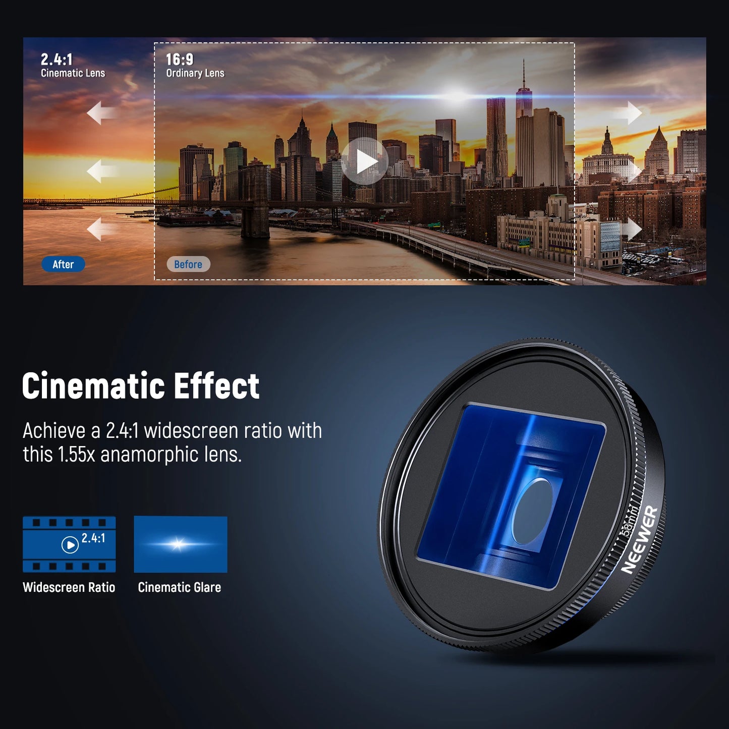 1.55x Blue Anamorphic Phone Lens with 17mm Clip
