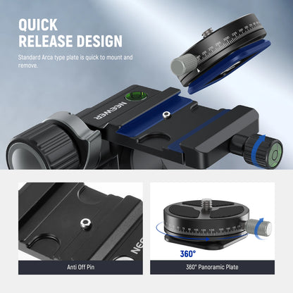 3-Way Geared Tripod Head with 360° Panoramic Control
