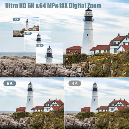 6K Camcorder with 64MP Lens and 18x Digital Zoom