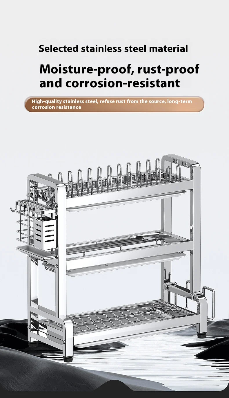 2 Tier Metal Dish Drying Rack with Utensil Holder 33cm