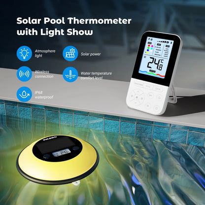 Solar Wireless Pool Thermometer with Indoor Remote 7-Color Light