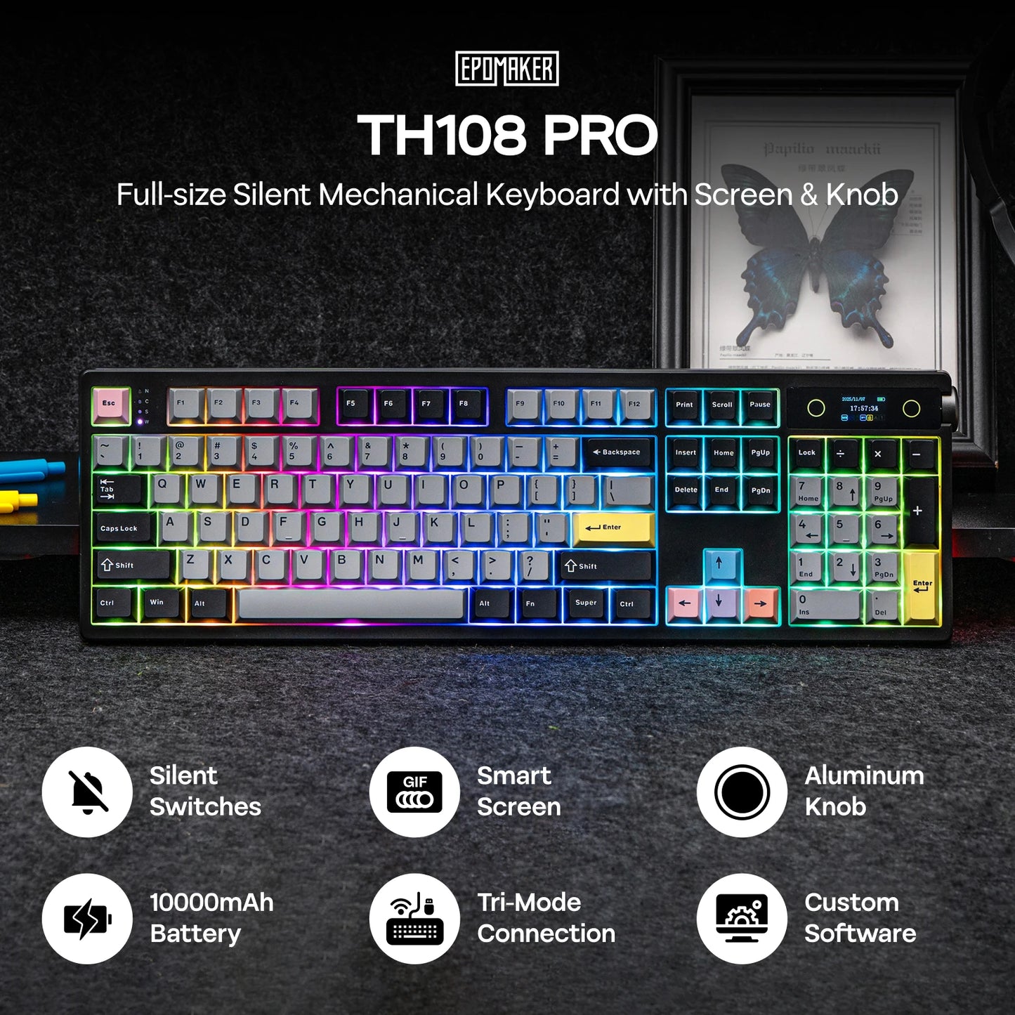 Black Hot-Swap Mechanical Keyboard Wireless, Wired, 10000mAh