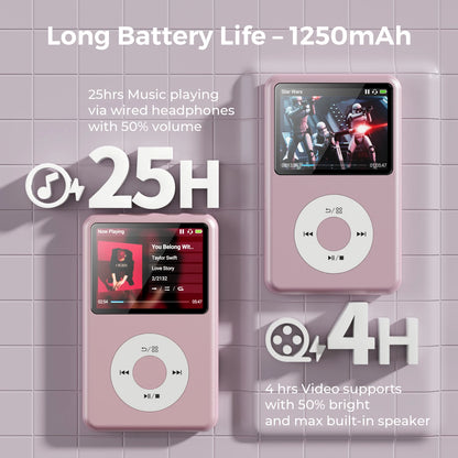 HiFi MP3 Player with Bluetooth Video FM Radio 128GB Storage Pink